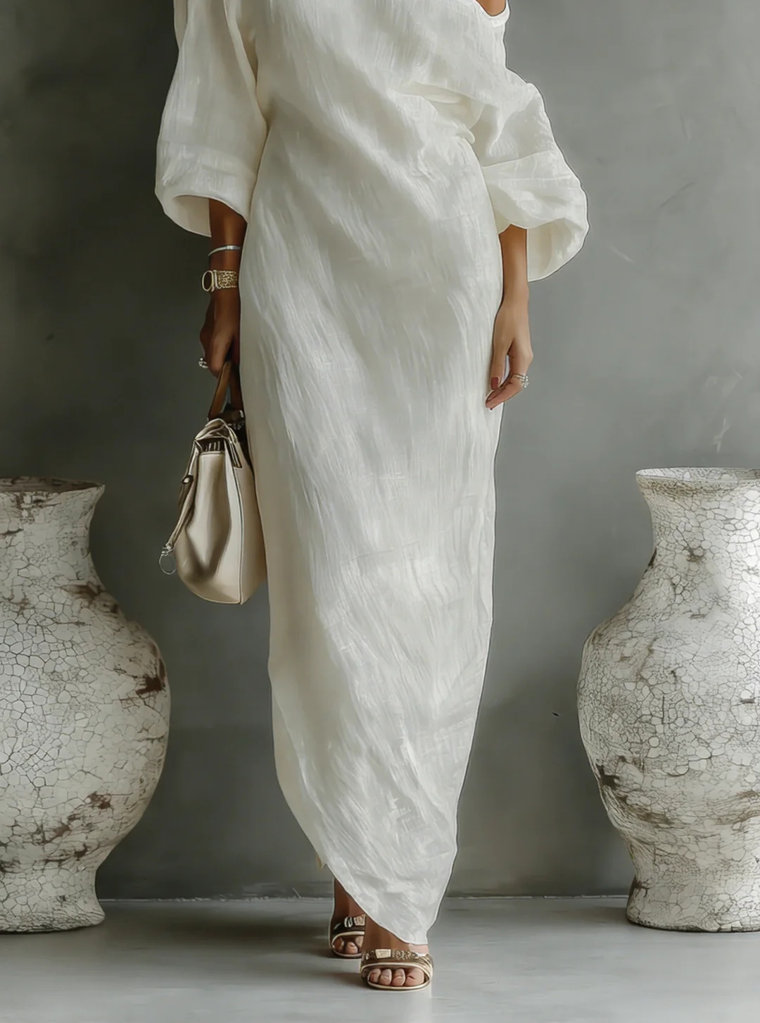 Ivory White One-Shoulder Cotton-Linen Maxi-Length Dress