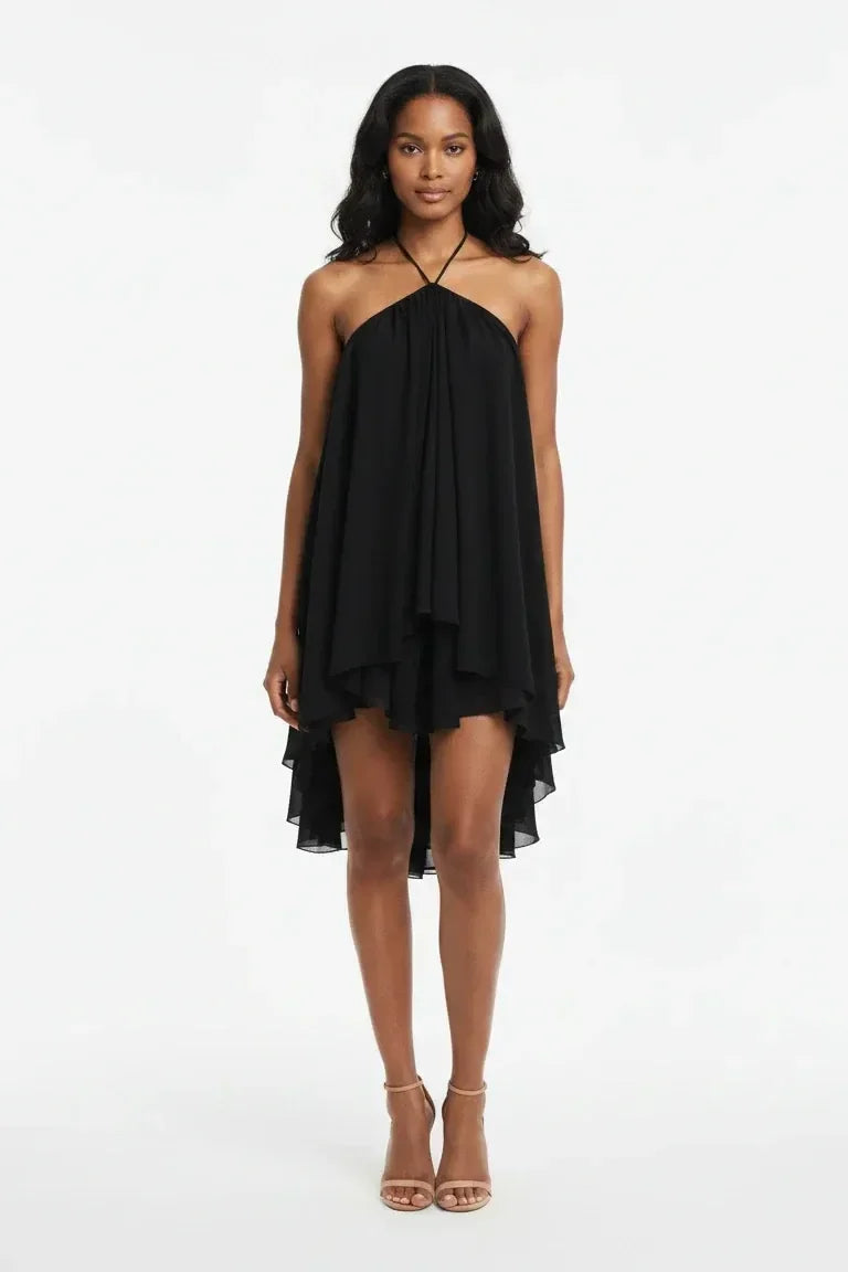 Black Halter Ruffled Mini-Length Dress