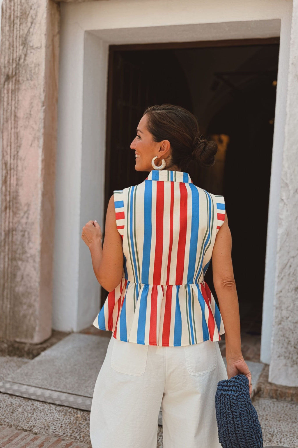 Modern Red Blue White Stripe Mandarin Collar Vest Top