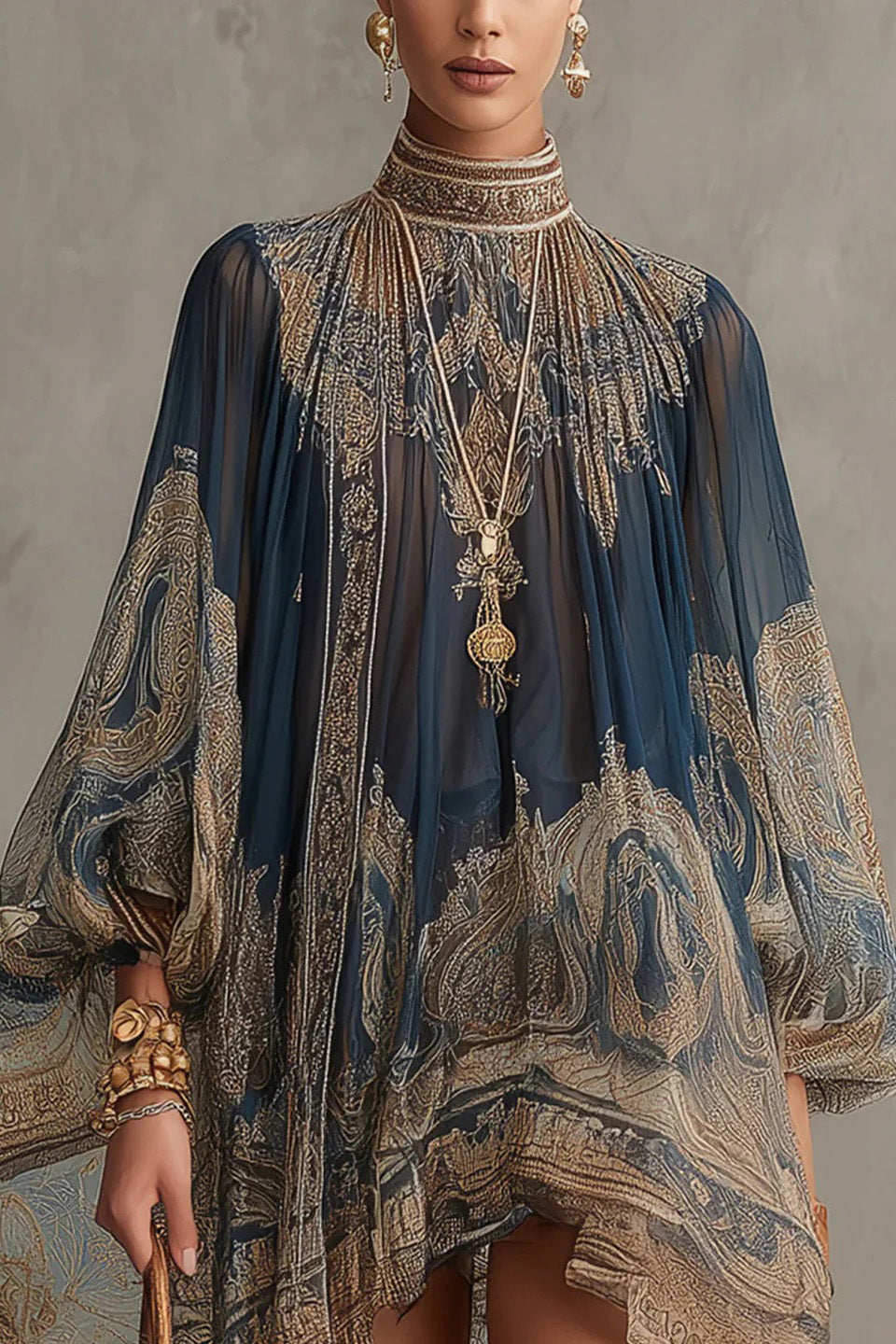 Navy Blue Baroque Print High-neck Irregular Chiffon Mini-Length Dress