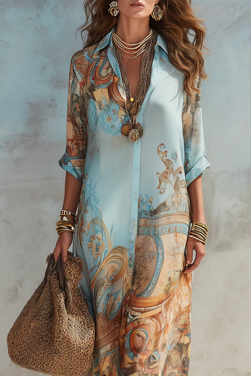 Vacation Blue Flower Print Shirt Maxi-Length Dress