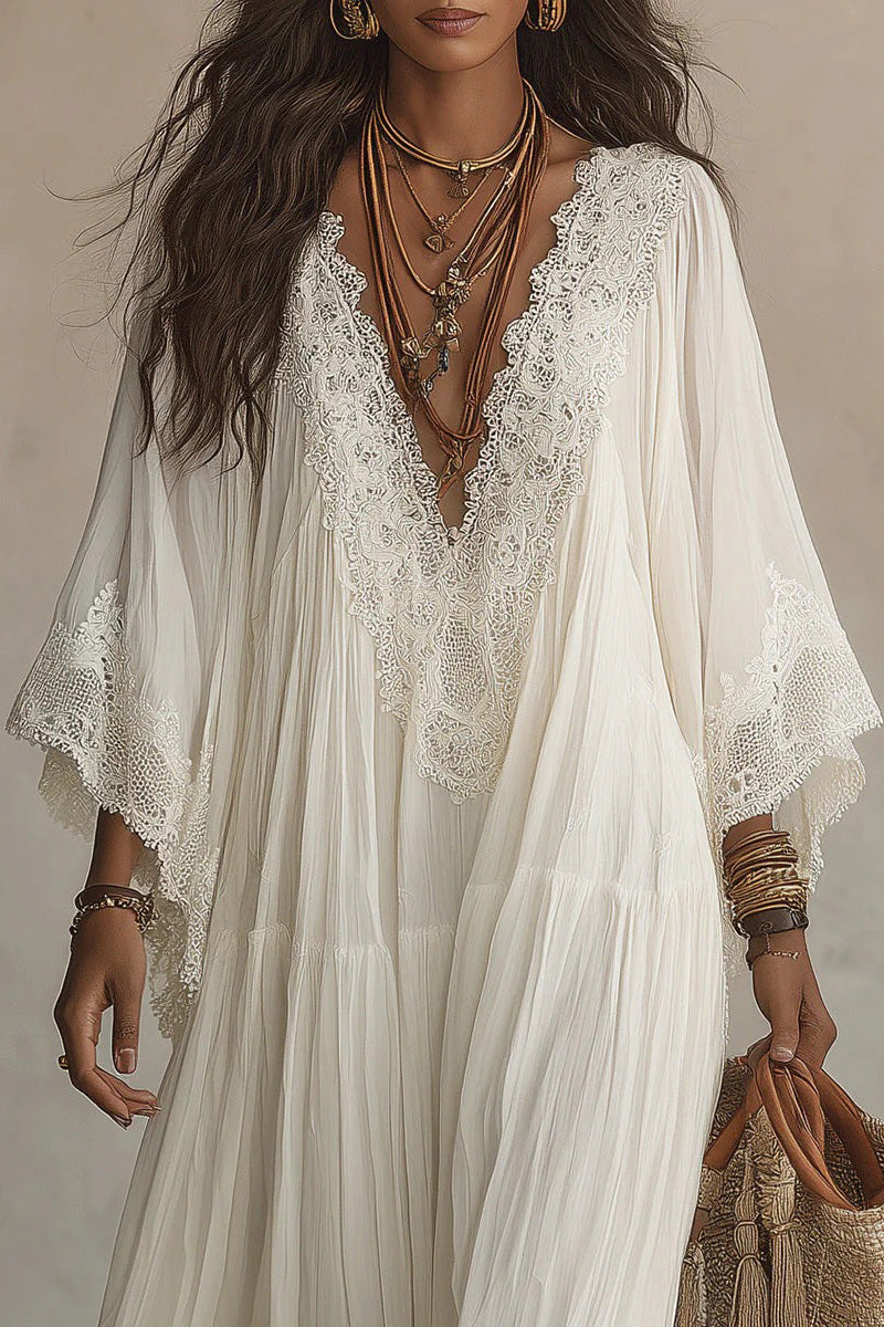 White Lace V-Neck Batwing Sleeve Chiffon Maxi-Length Dress