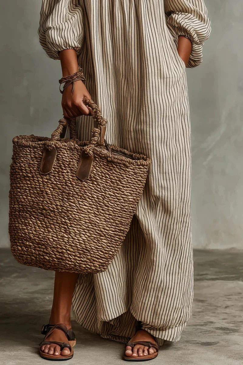 Beige Stripe Off-Shoulder Linen-Blend Maxi-Length Dress