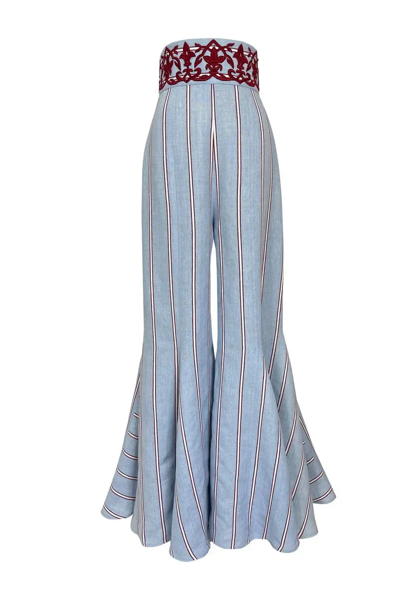Blue Striped Wide-Leg Trousers