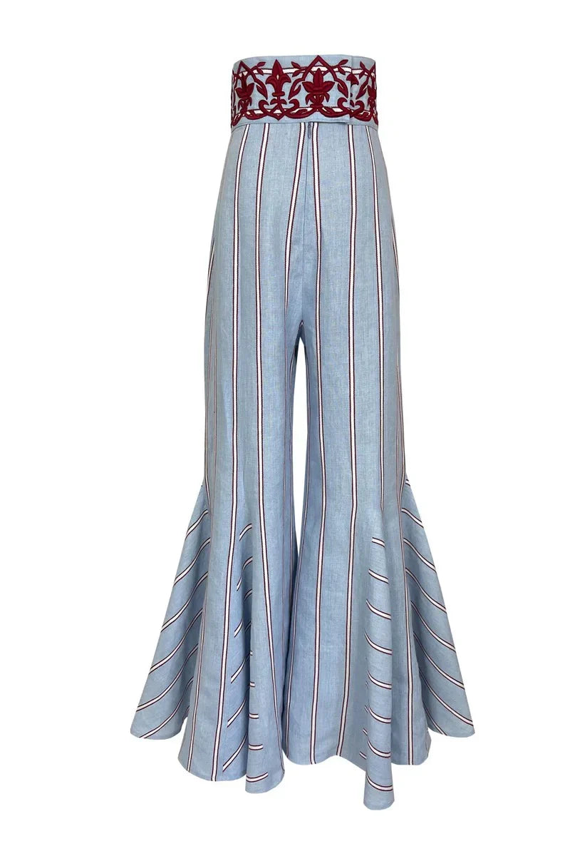 Blue Striped Wide-Leg Trousers