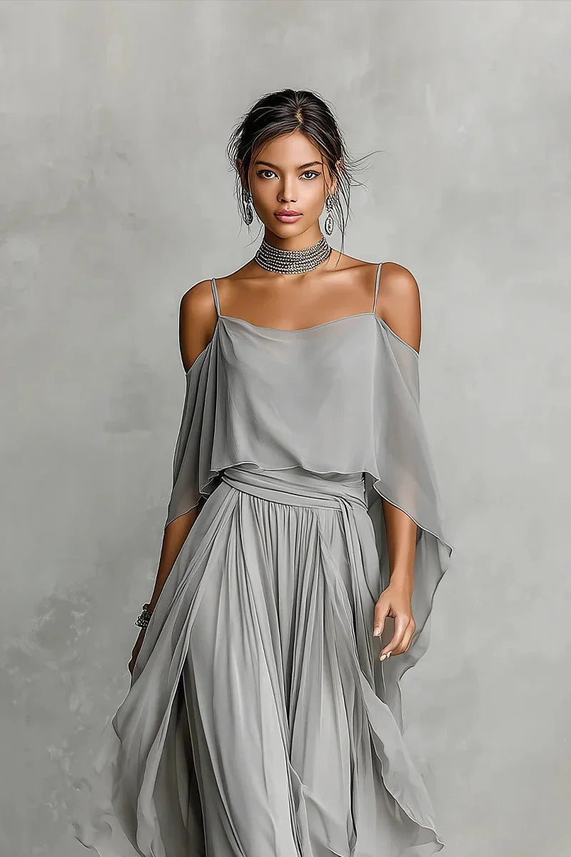Gray Chiffon Cold-Shoulder Two-Piece Set