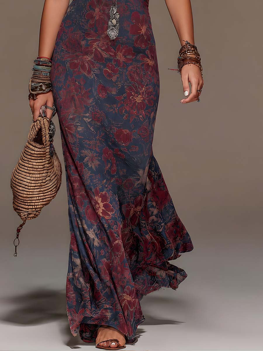 Retro Lace Halterneck Flower Fishtail Maxi-Length Dress