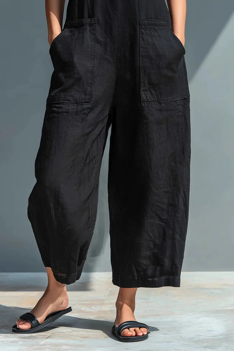 Modern Black Linen-Blend Stand Collar Sleeveless Jumpsuit