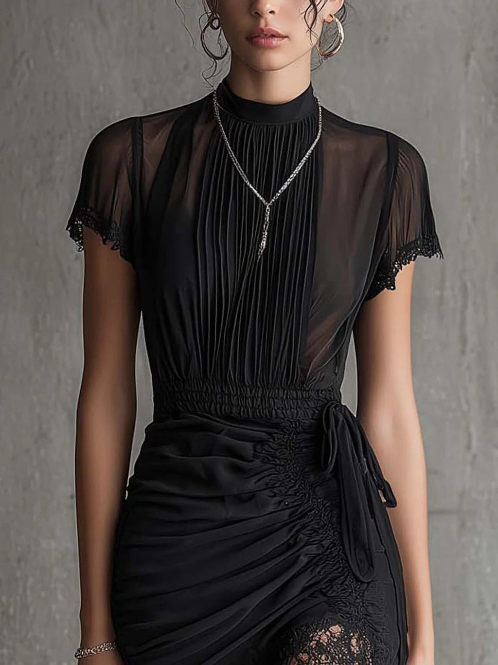 Modern The Black Pleated Lace Dress