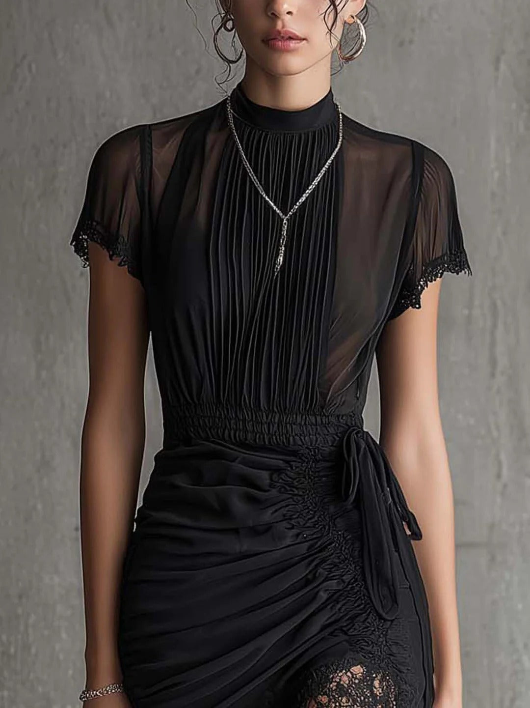 Modern The Black Pleated Lace Dress