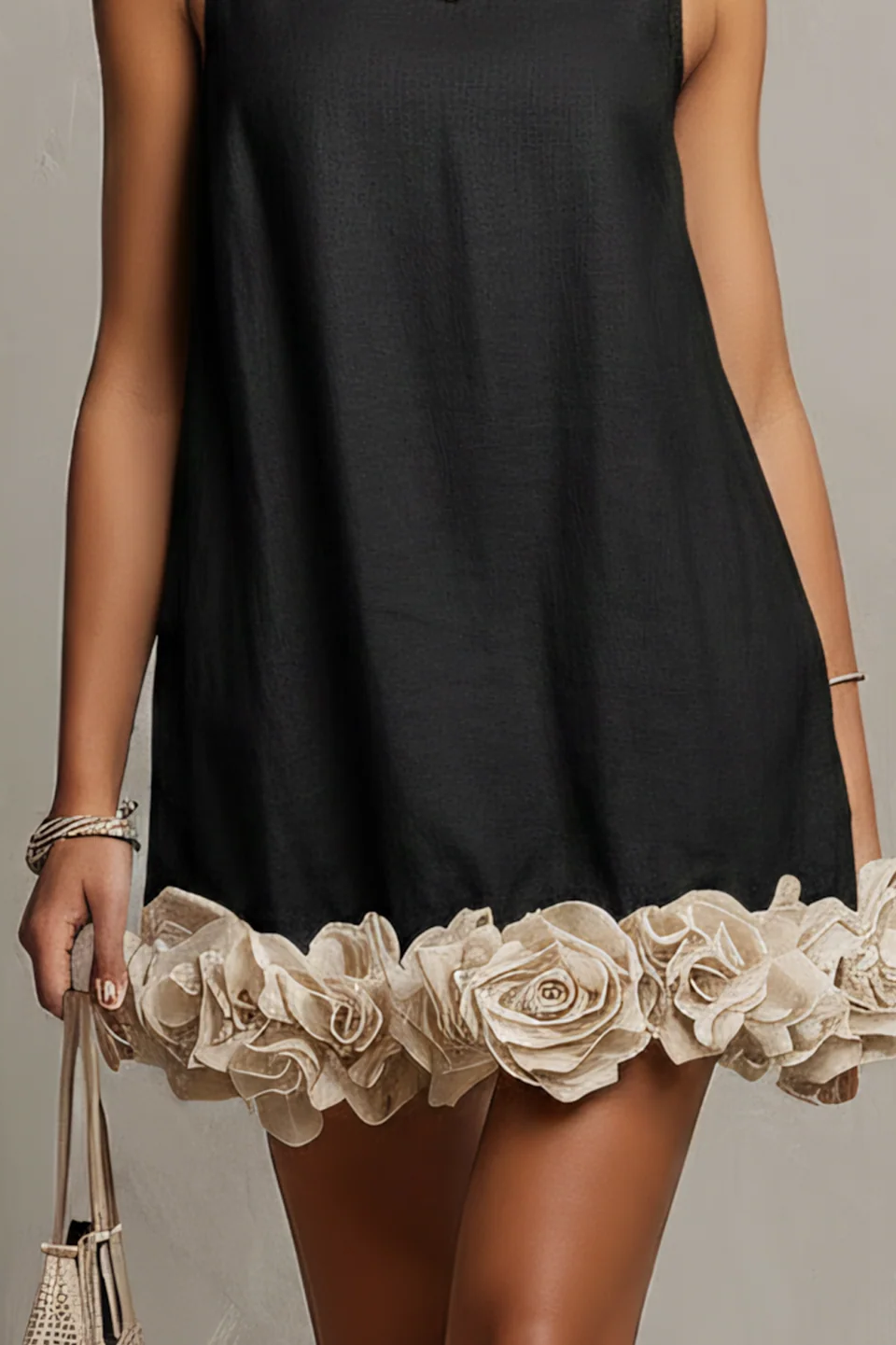 Black Cotton-Linen Mini-Length Dress With 3D Flower Hem