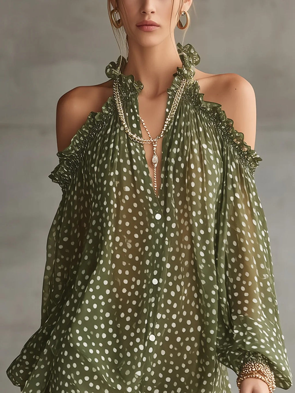 Green Polka Dot Cold Shoulder Mini-Length Dress With Ruffled Neckline