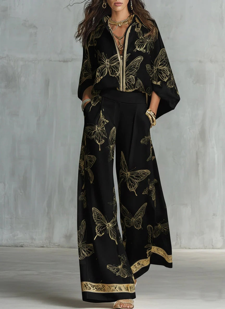 Relaxed Refined Gold Butterfly Print Loose Two-Piece Set