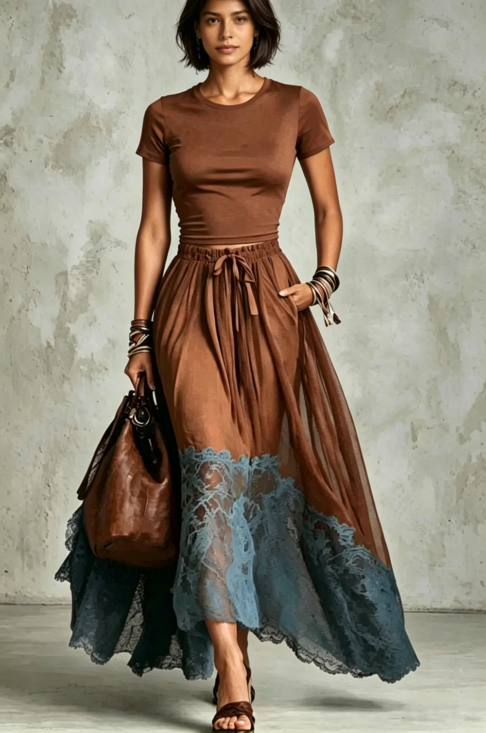Coordinated Brown Blue Lace Tulle Skirt Set