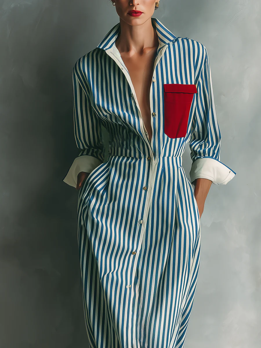 Modern Blue And White Cotton Blend Striped Shirt Dress With Red Chest Pocket