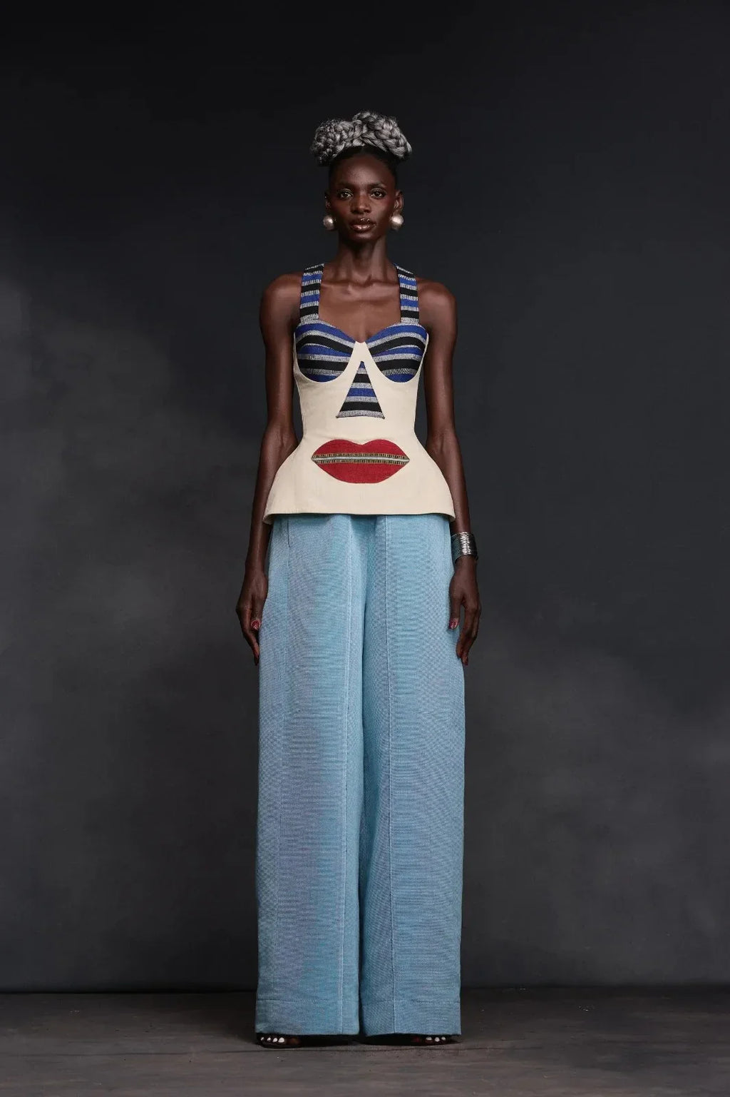 Modern Abstract Face Motif Halter Bustier Top