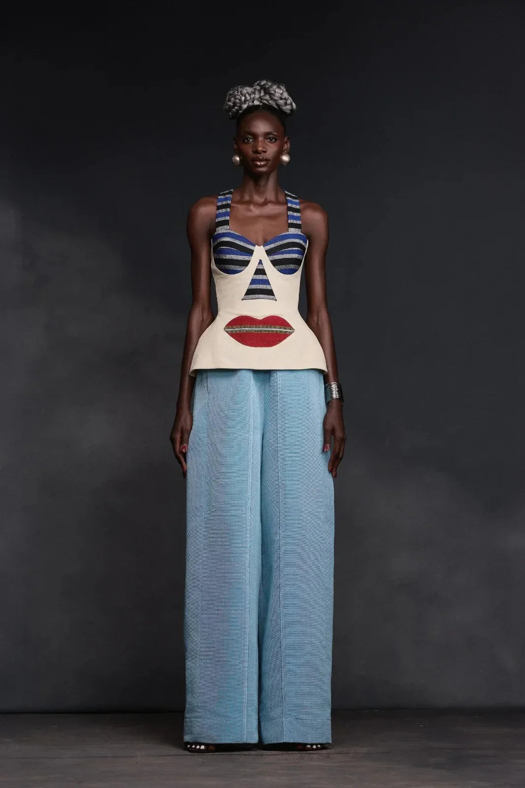 Modern Abstract Face Motif Halter Bustier Top