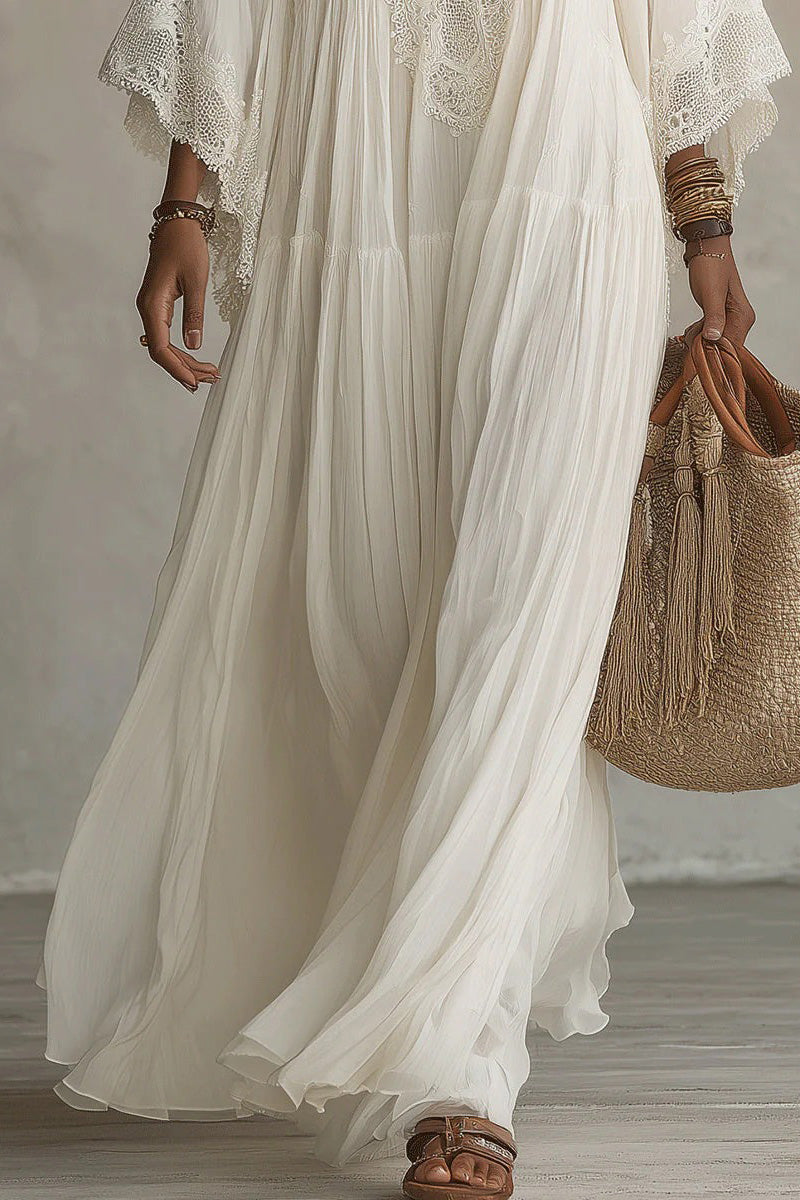 White Lace V-Neck Batwing Sleeve Chiffon Maxi-Length Dress