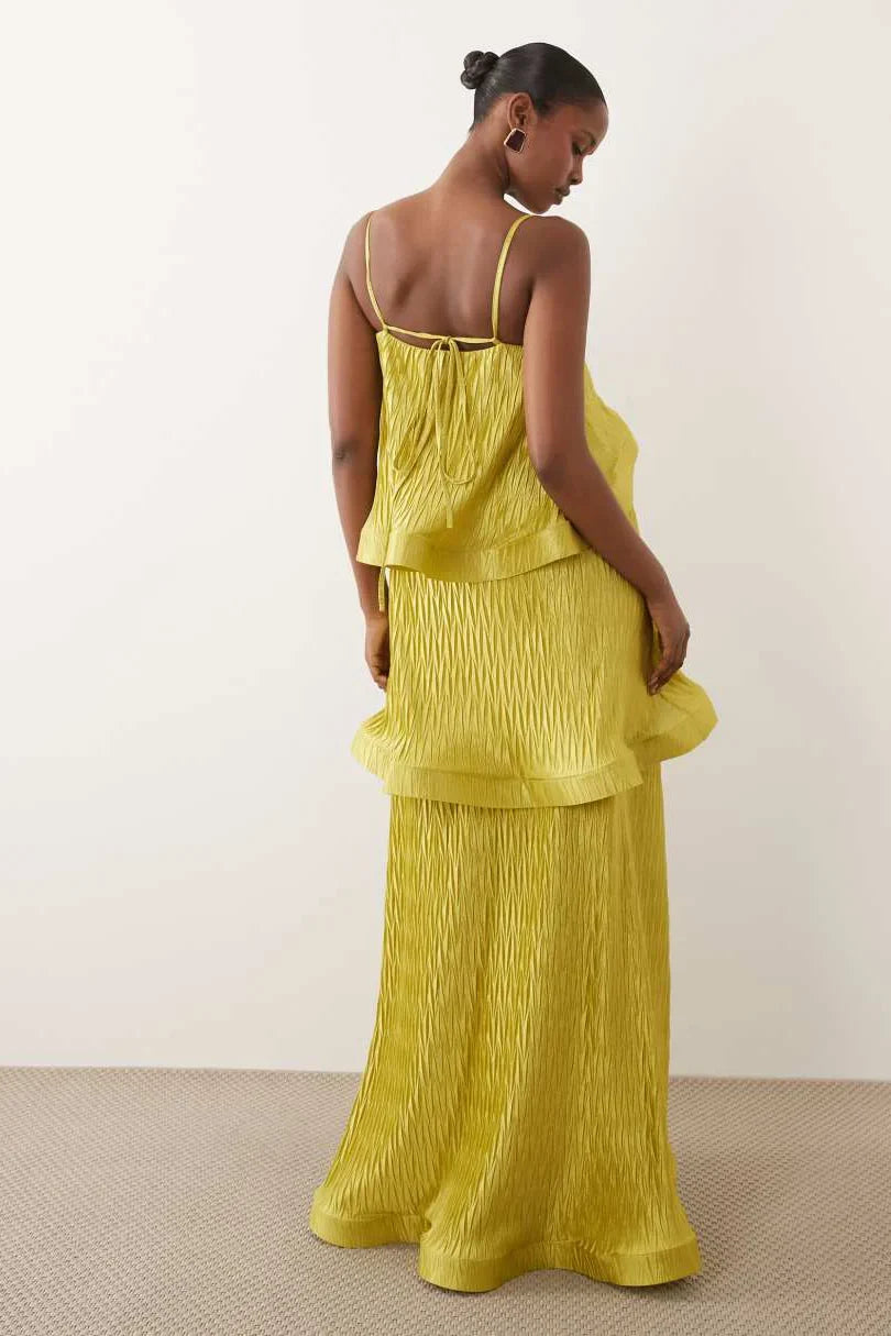 Lime Zigzag Pleated Tiered Trapeze Maxi-Length Dress