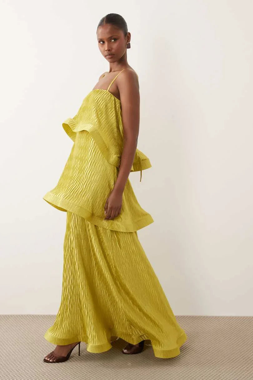Lime Zigzag Pleated Tiered Trapeze Maxi-Length Dress