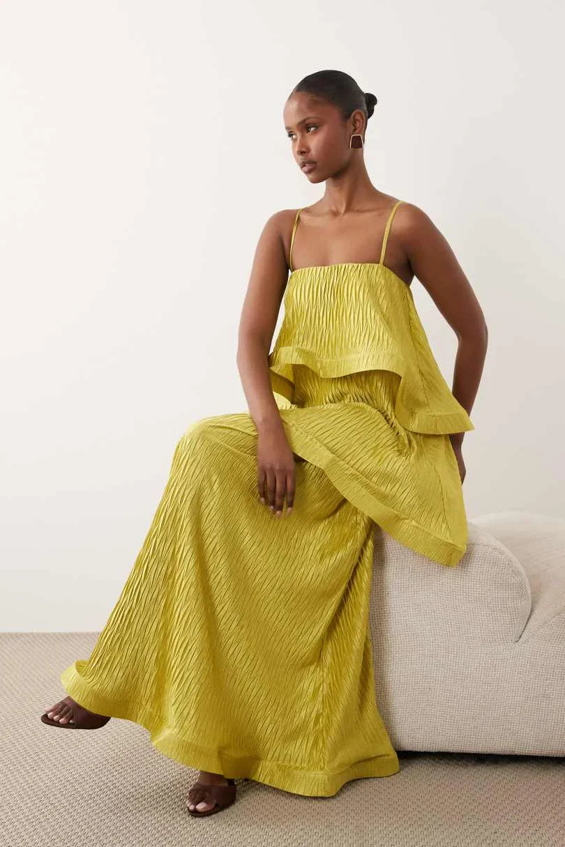 Lime Zigzag Pleated Tiered Trapeze Maxi-Length Dress
