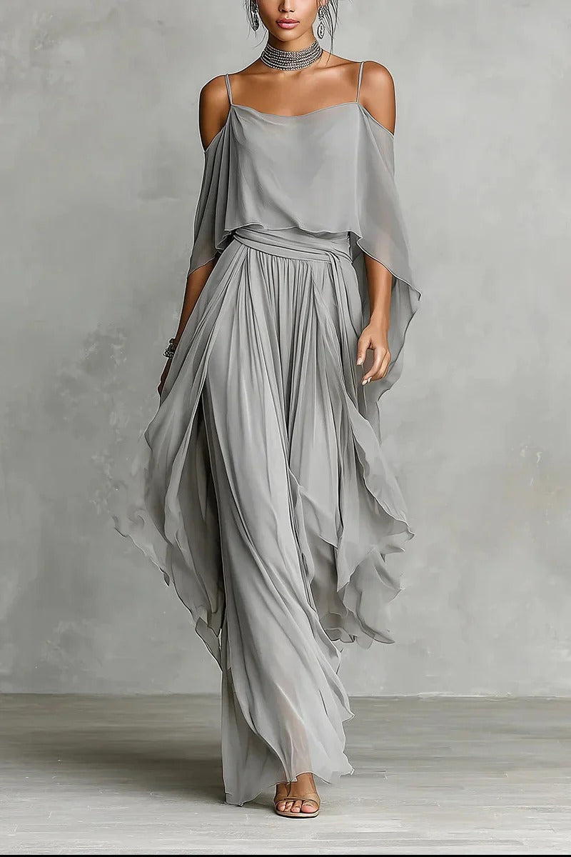 Gray Chiffon Cold-Shoulder Two-Piece Set