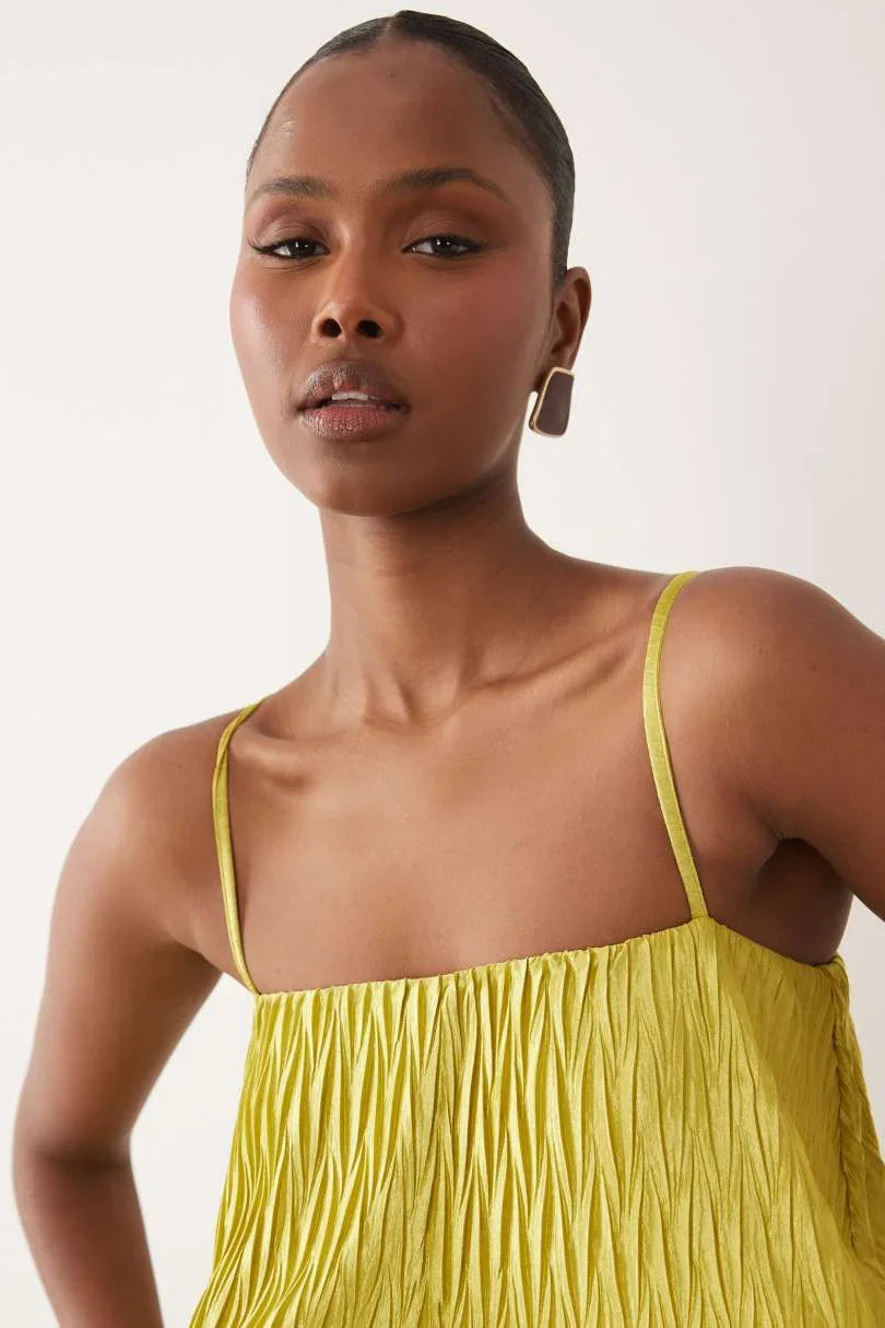 Lime Zigzag Pleated Tiered Trapeze Maxi-Length Dress