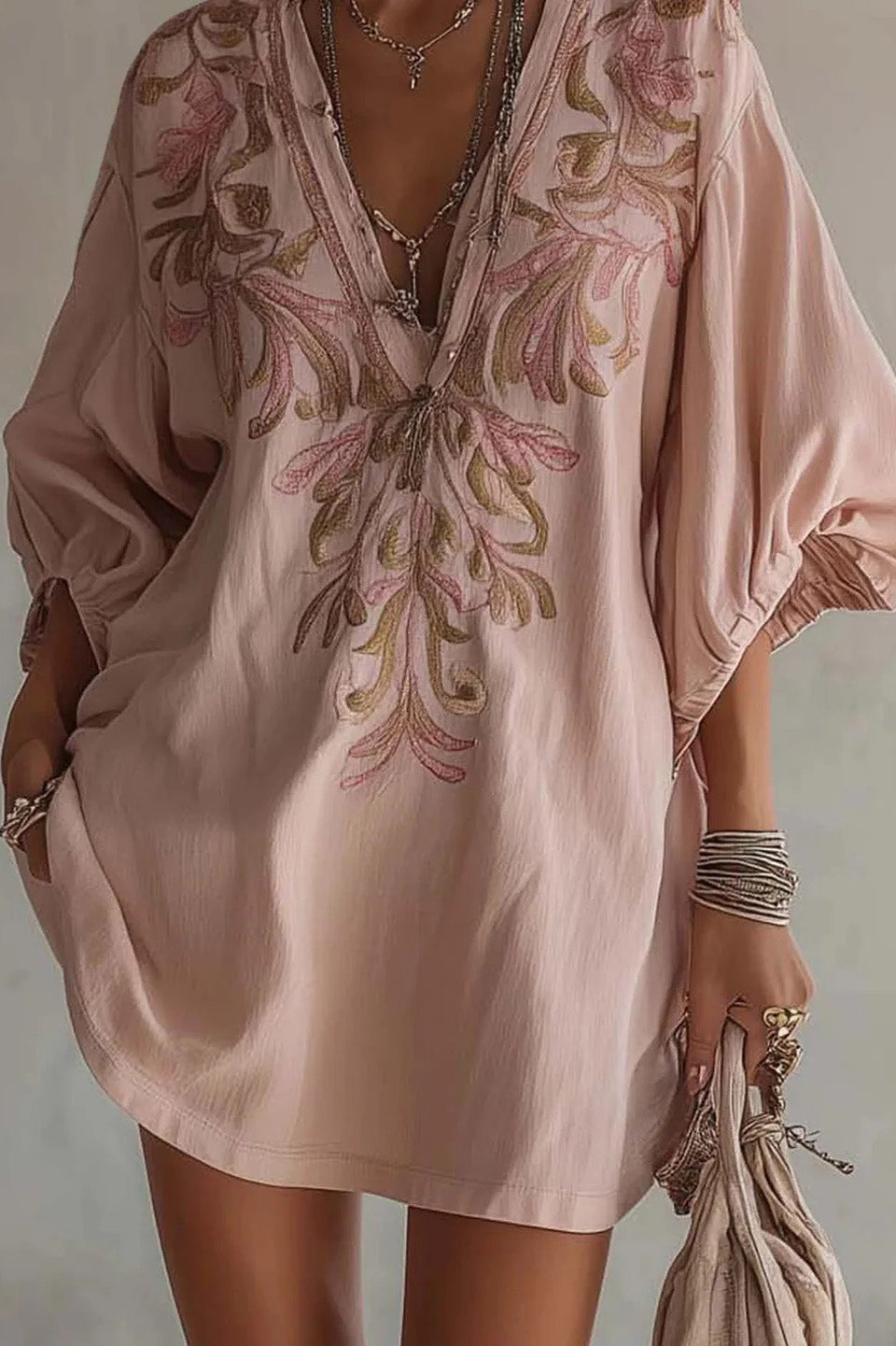 Embroidered Linen Mini-Length Dress