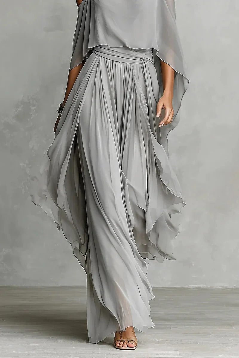 Gray Chiffon Cold-Shoulder Two-Piece Set