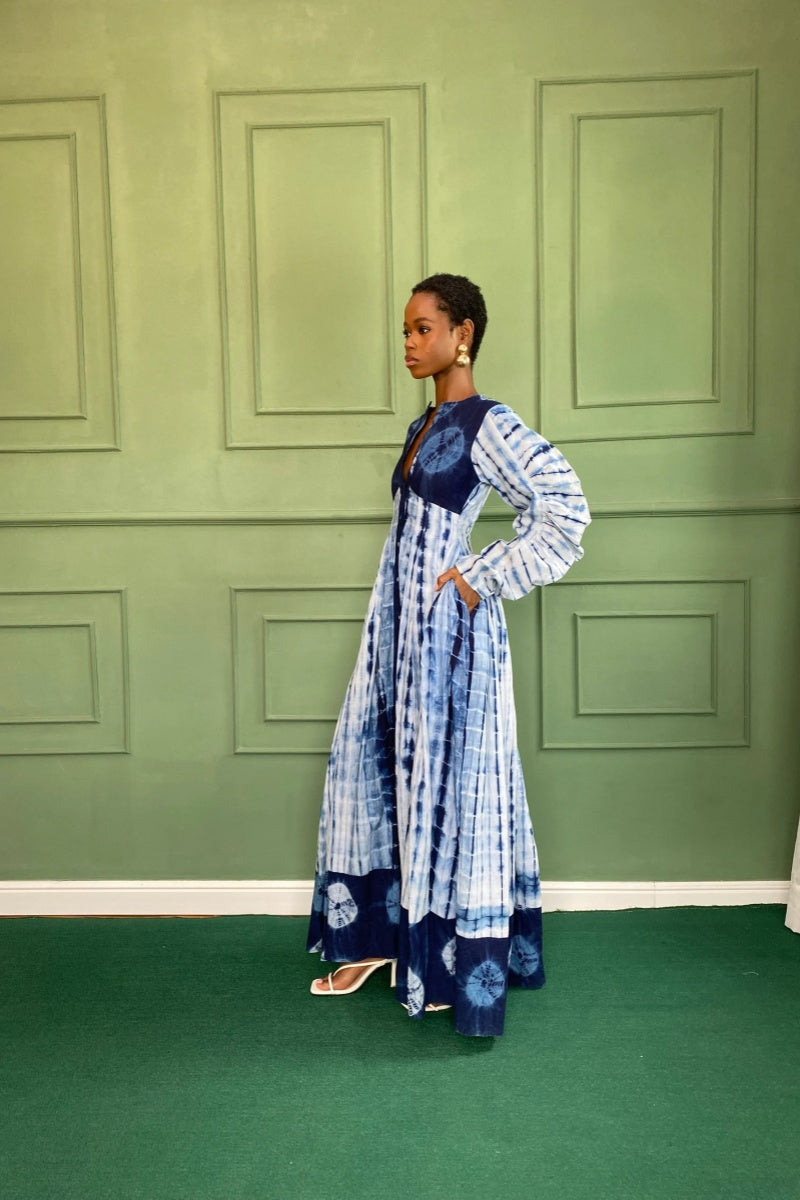 Blue Tie-Dye Maxi-Length Dress