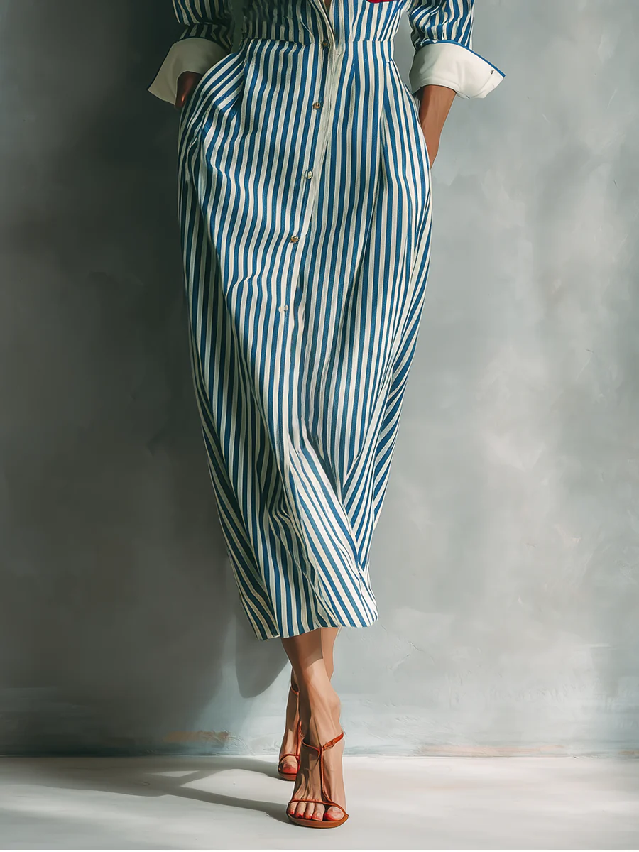 Modern Blue And White Cotton Blend Striped Shirt Dress With Red Chest Pocket