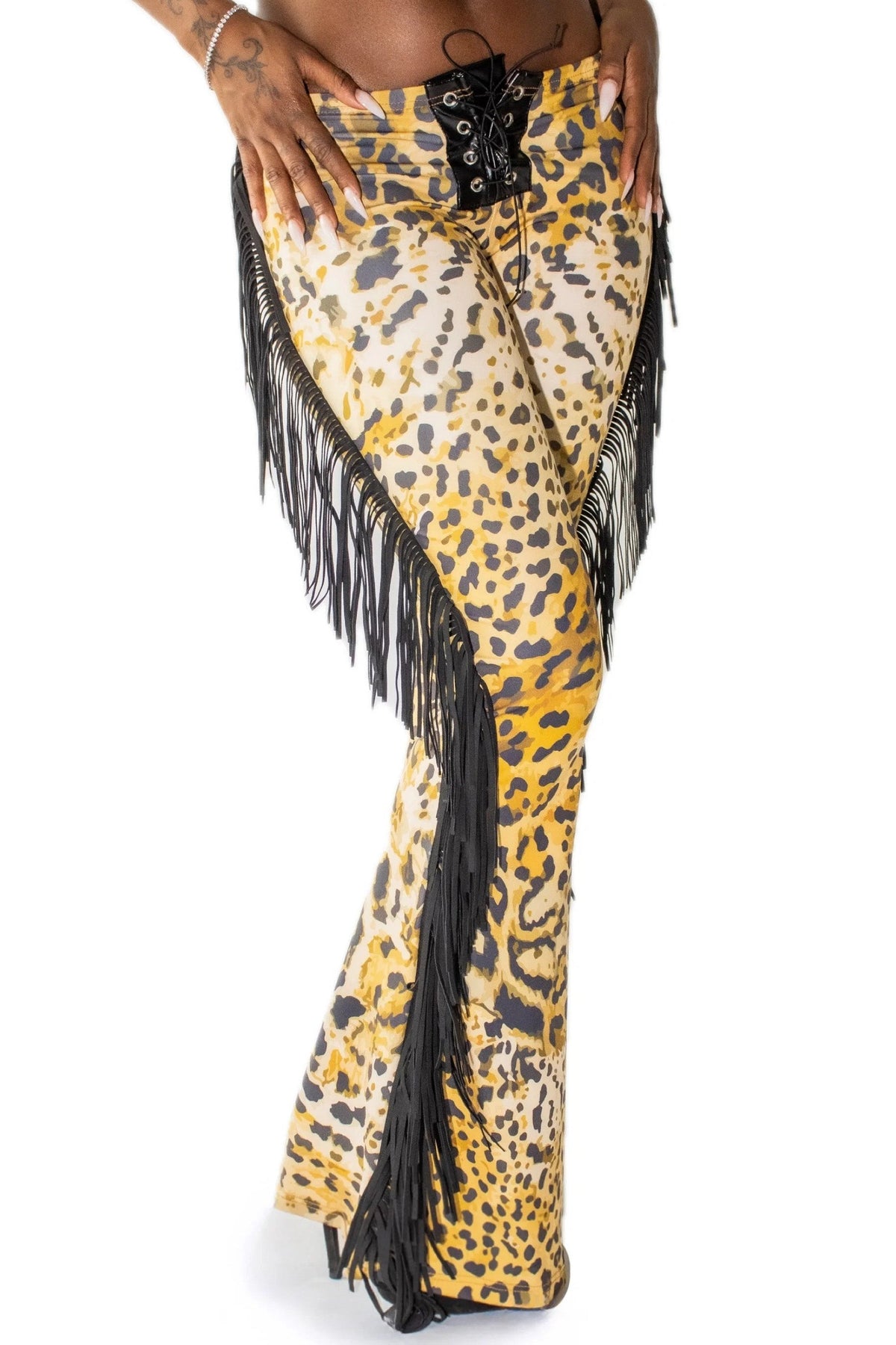 Leopard Fringe Lace-Up Flare Trousers