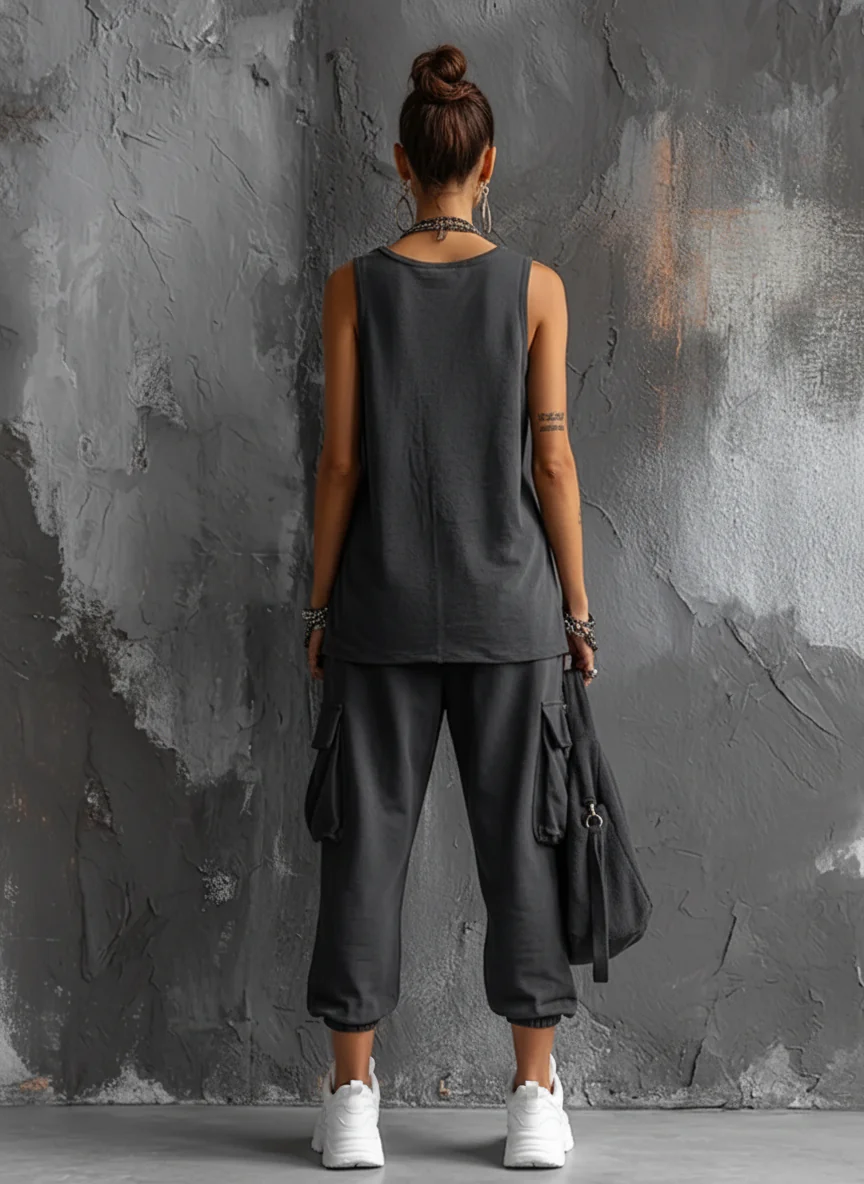 Relaxed Style Dark Gray Cotton Blend Sleeveless Top + Jogger Cargo Trousers Set