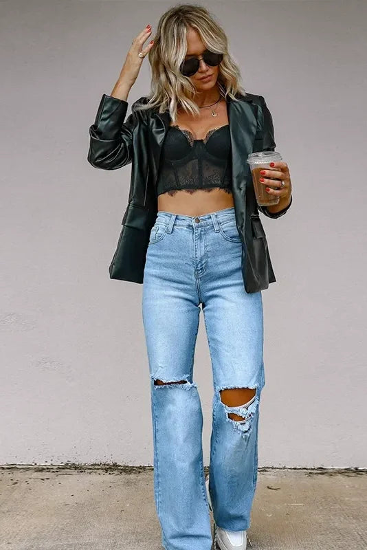 Light Blue Distressed Wide-Leg Jeans