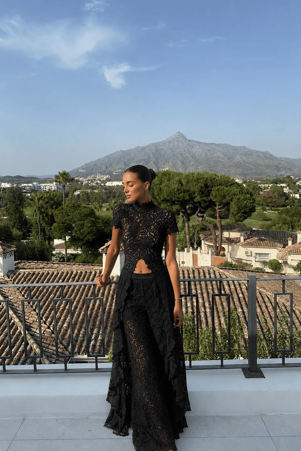 Black Waist Lace Wide-Leg Trousers