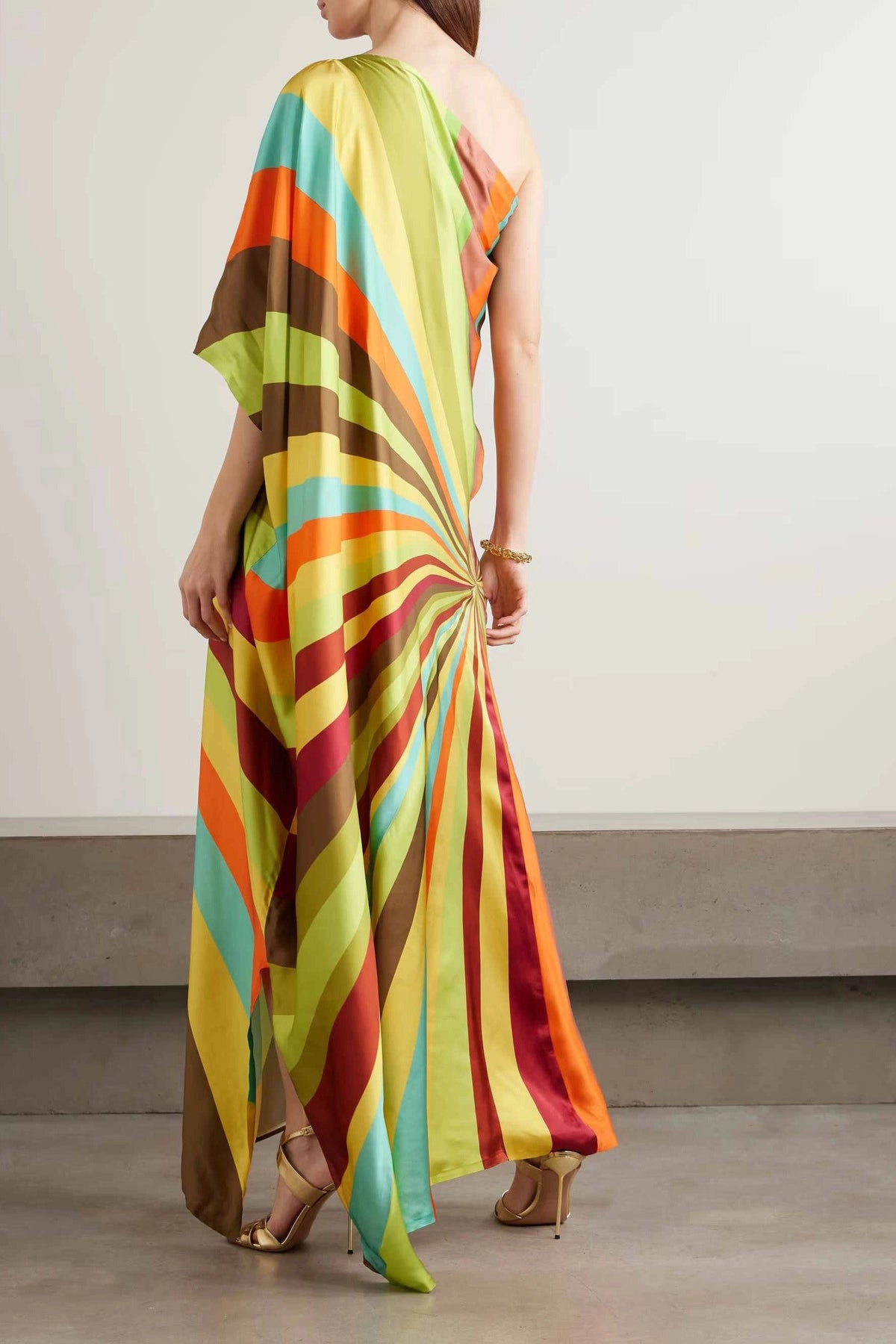 Color Diagonal Stripe One-Shoulder Flowy Maxi-Length Dress