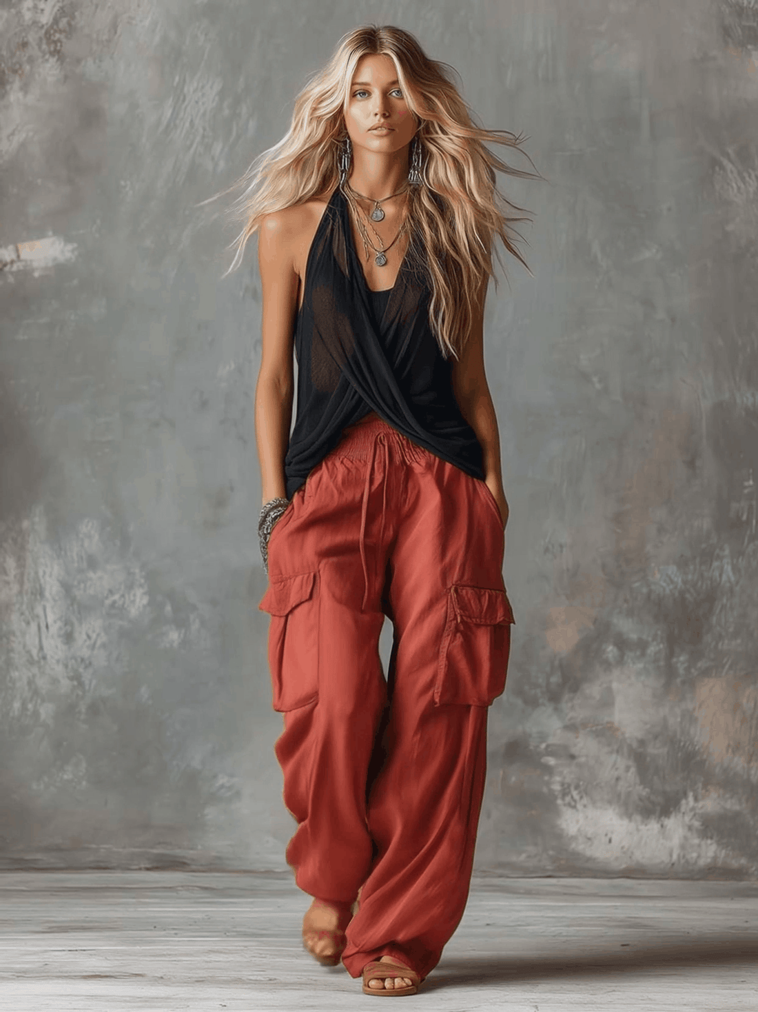 Black Mesh V-Neck Top & Red Cargo Trousers Set