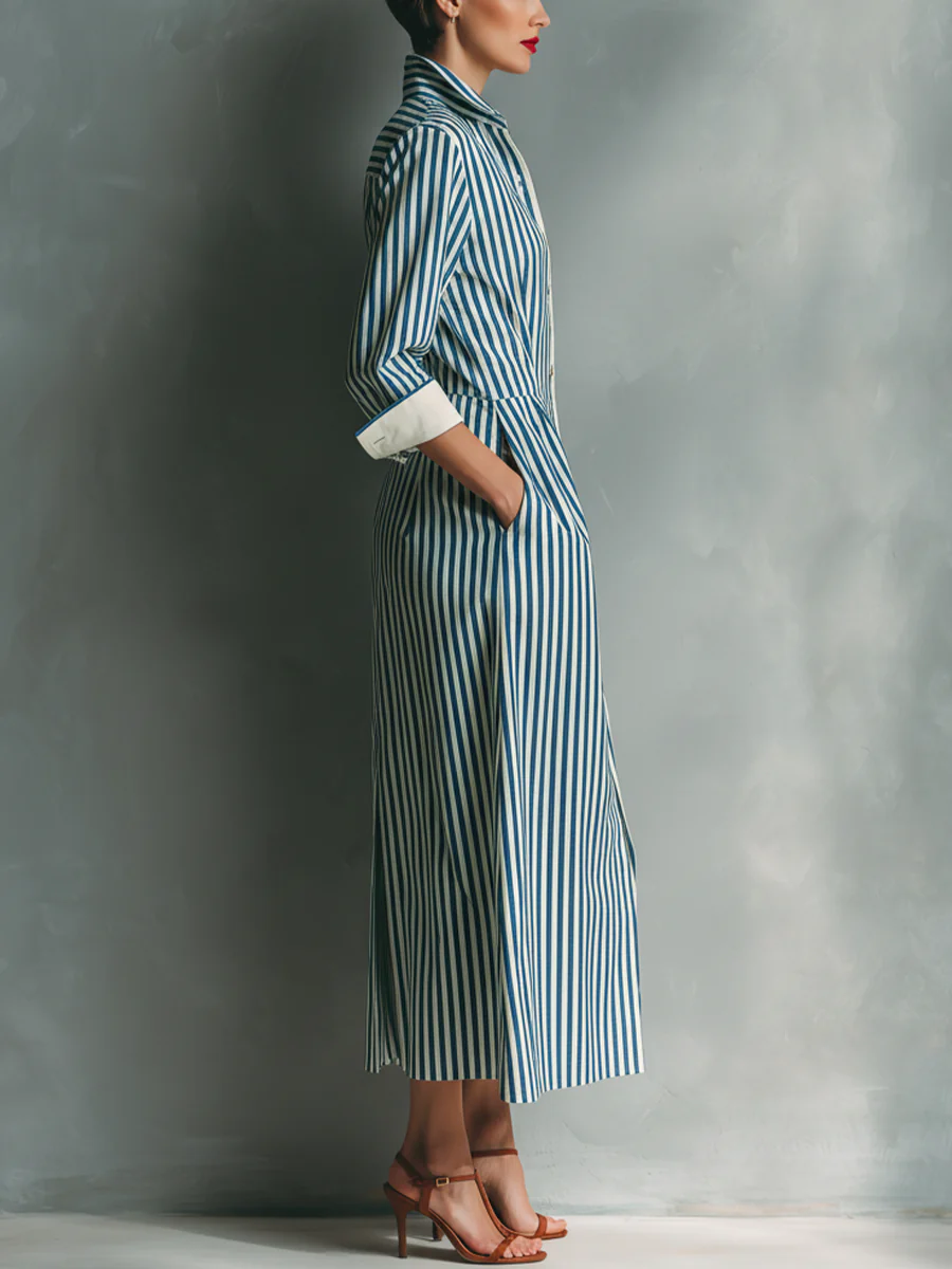 Modern Blue And White Cotton Blend Striped Shirt Dress With Red Chest Pocket