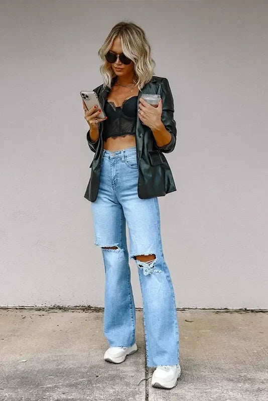 Light Blue Distressed Wide-Leg Jeans
