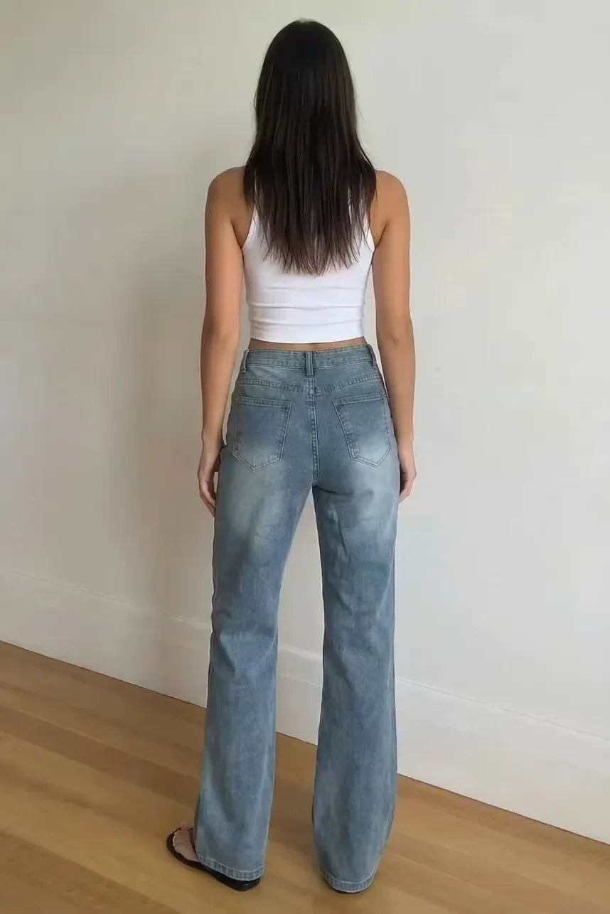 Light Blue Button Detail Wide-Leg Jeans