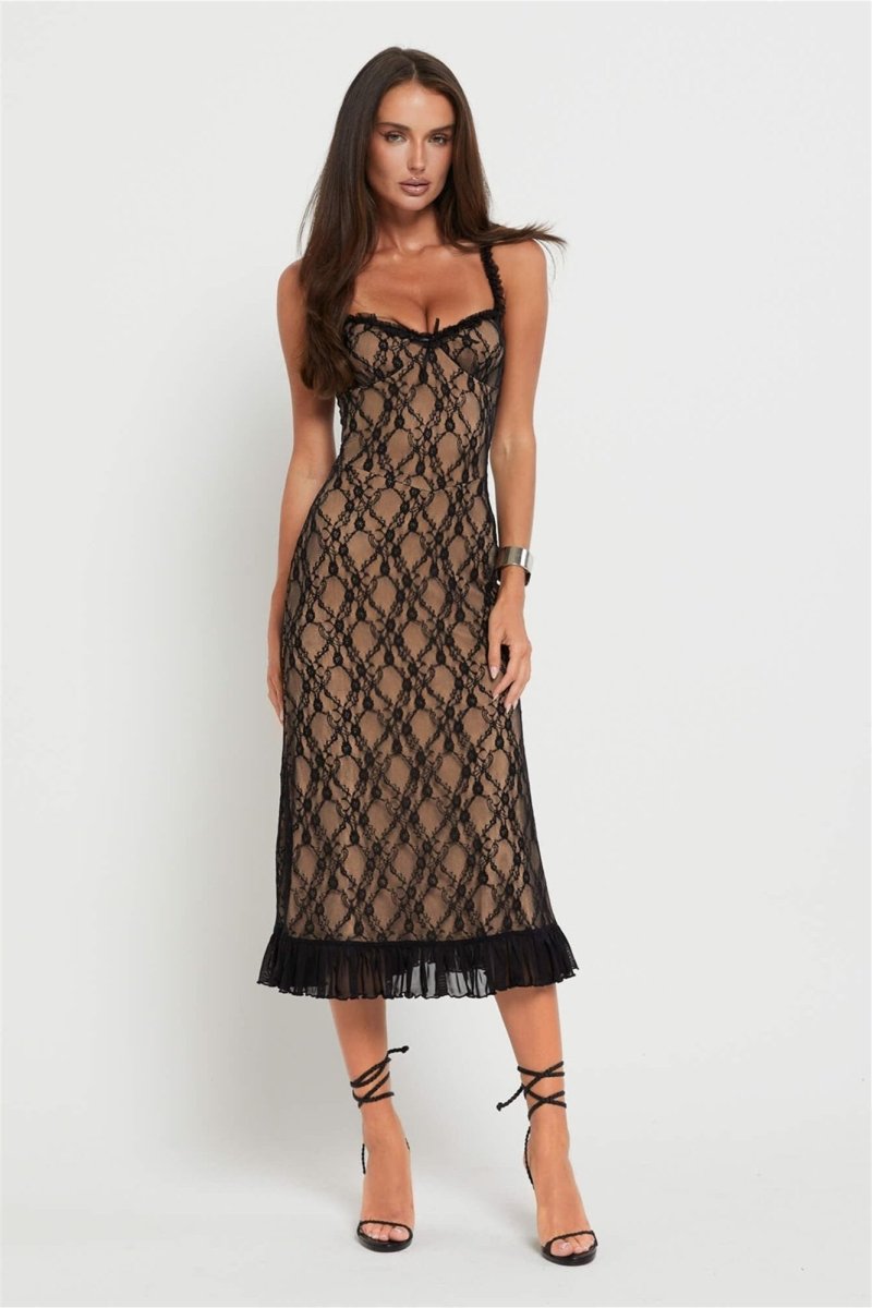 Ina Flower Lace Ruffled Maxi-Length Dress