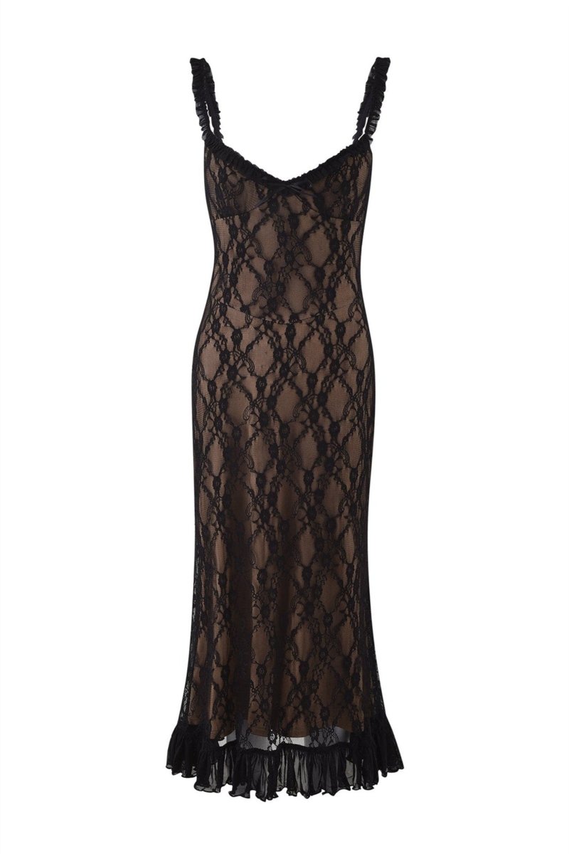 Ina Flower Lace Ruffled Maxi-Length Dress