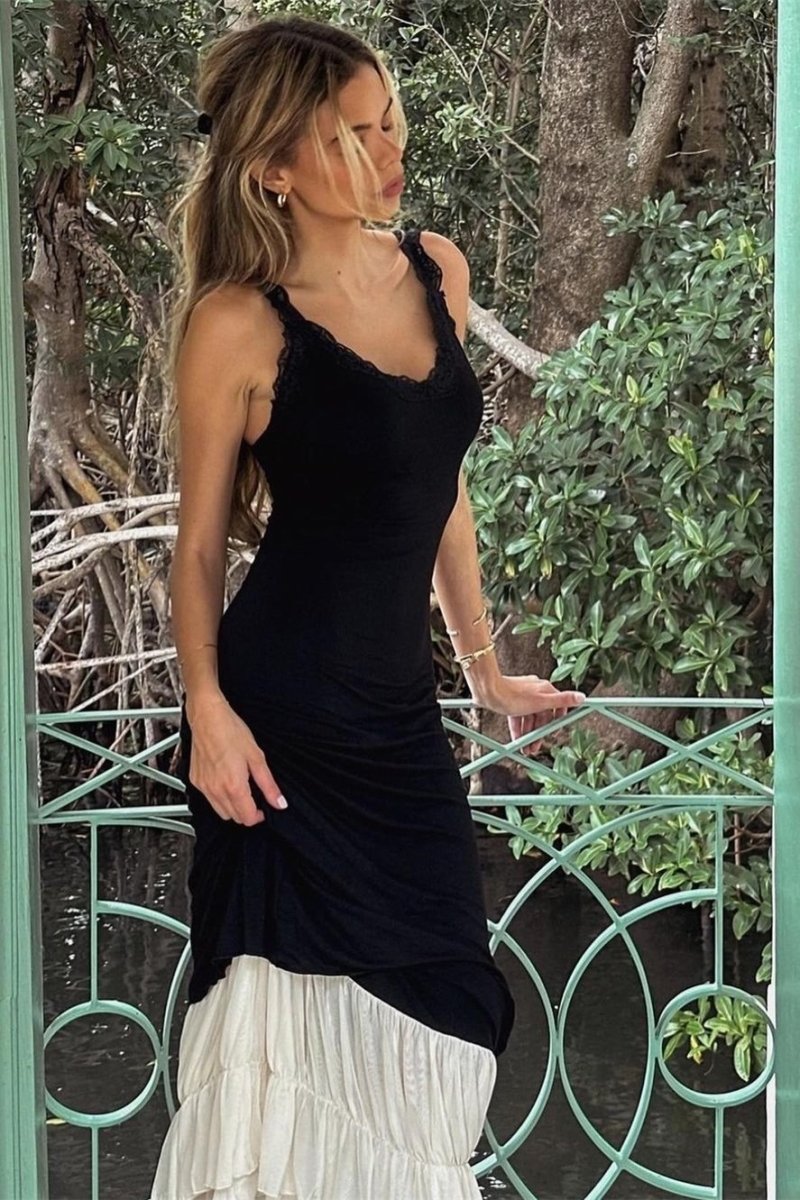 Irene V-Neck Lace Trim Maxi-Length Dress