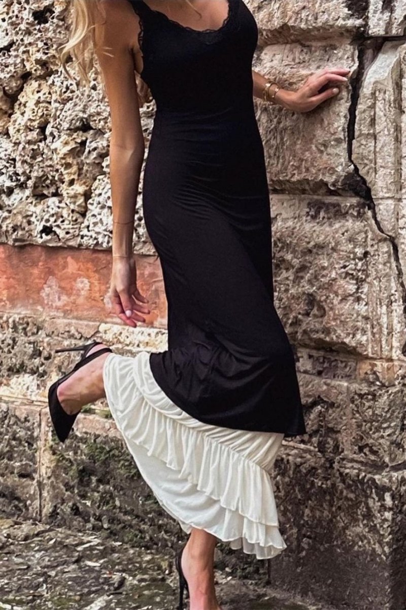 Irene V-Neck Lace Trim Maxi-Length Dress