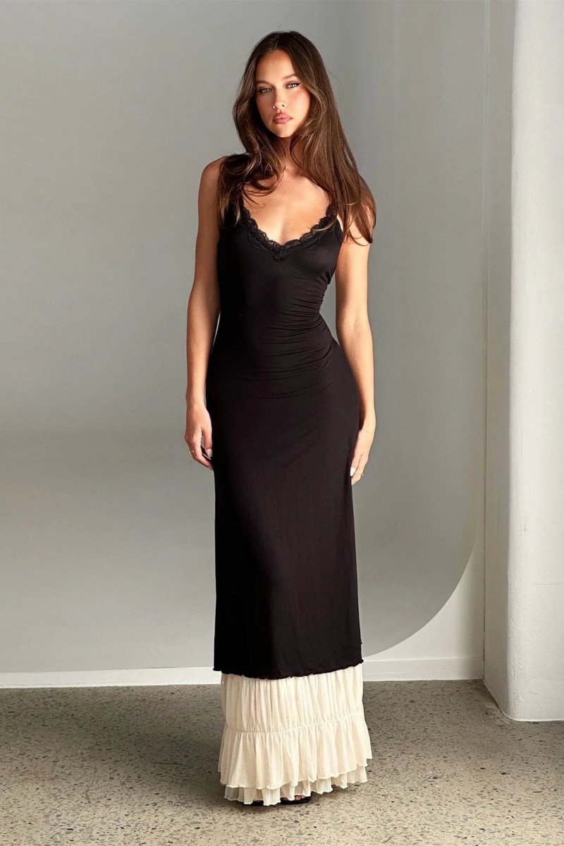 Irene V-Neck Lace Trim Maxi-Length Dress