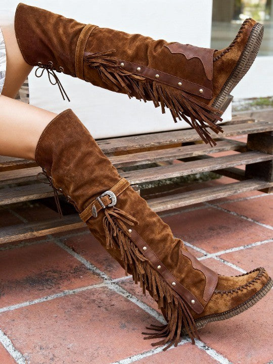 Modern Women's over-the-knee tassel rivet flat high boots