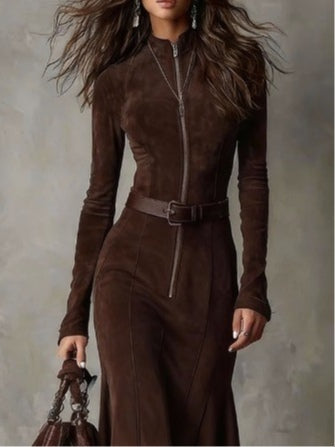 Brown Retro Zipper Belted Midi-Length Dress