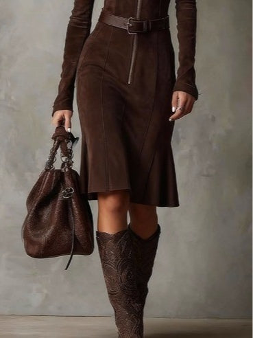 Brown Retro Zipper Belted Midi-Length Dress