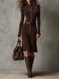 Brown Retro Zipper Belted Midi-Length Dress