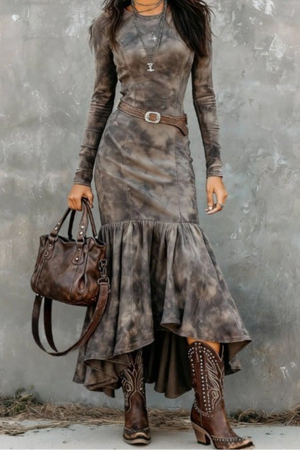 Retro Polyester Flare Hem Midi-Length Dress(Includes belt)